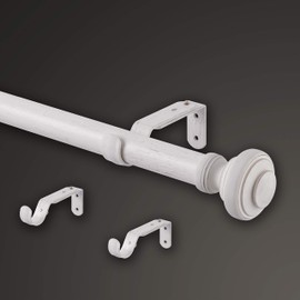 MODE Farmhouse Collection 1 1/8" Diameter Curtain Rod Set with Porch Doorknob Curtain Rod Finials and Steel Wall Mounted Adjustable Curtain Rod, Fits 36” to 72” Windows, Weathered White