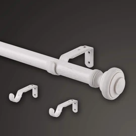MODE Farmhouse Collection 1 1/8" Diameter Curtain Rod Set with Porch Doorknob Curtain Rod Finials and Steel Wall Mounted Adjustable Curtain Rod, Fits 36” to 72” Windows, Weathered White