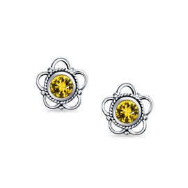 Bali Style Tiny Flower Yellow Citrine Gemstone Stud Earrings For Women Oxidized .925 Sterling Silver November Birthstone