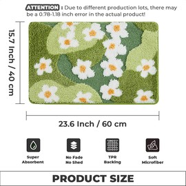 Plants Bathroom Mat Cute Absorbent Bath Rug Non Slip and Machine Washable Bath Shaggy Carpet for Kitchen, Bedroom and Living Room (Green Lawn, 23"x16")