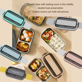 Fiambrera, 3 Contenedores de Almuerzo Apilables para Adultos, Caja de Diseño Minimalista Moderno con Juego de Utensilios, Lonchera a Prueba de Fugas para Salir (cielo