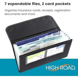 Organizador de guanteras de alta carretera, soporte de seguro y registro para documentos de automóvil y papeleo, organizador de asiento delantero expandible con bolsillos para tarjetas, Negro -,