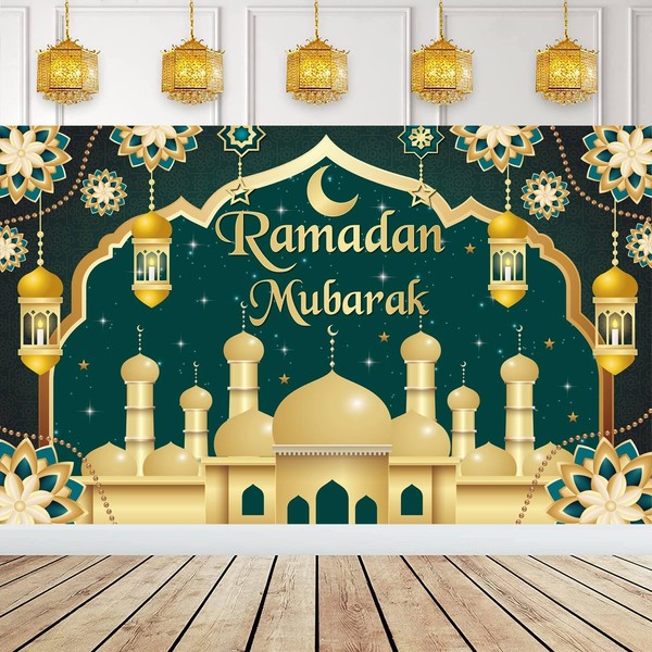 XINDY Large Ramadan Mubarak Banner, Ramadan Banner Green & Gold