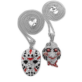 Shiny Jewelers USA MENS ICED OUT RAPPER MASK HIP HOP PENDANT 24" BOX, CUBAN, ROPE CHAIN NECKLACE (Silver set of 2 Mask and Joker)