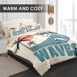 Pamnest Comforter Set King Size, Summer Beach Surf 7 Pcs Bedding for Kids and Adults, Vintage Board Palm Bed Sheet Sets with Fitted Sheet 2 Pillowcases & 2 Shams for Bedroom Bed Decor