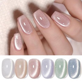 BORN PRETTY Cat Magnetic Eye Gel Nail Polish Shimmer Glitter Holographic Auroas Magnetic Gel Spring Summer Pink Green Blue Translucent Gel Polish Set Manicure Nail Art DIY at Home - Color: Milky Jelly Cat Magnetic Gel - 6 Colors 7ml