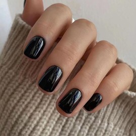 Press On Nails Solid Dark Color Fake Nails, Short Square Medium Shape, Stick on Nails，Glue on Nails Short Coffin False Nails on 24PCS (Black)