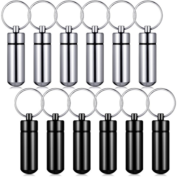 12 Pieces Portable Pill Case First Aid Pill Container Mini Pill Container Waterproof Aluminum Keychain Pill Case Keychain for Medications, Vitamins and Supplements (Black and Silver)