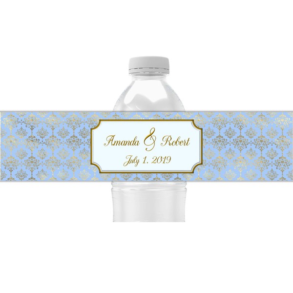Personalized Water Bottle Labels, Blue and Gold Damask Pattern, Pack