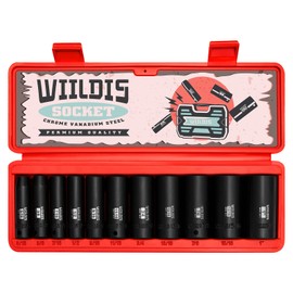 WIILDIS 11 Pieces 3/8-Inch Drive Deep Impact Socket Set, 5/16 to 1 inch, CR-V, SAE, 6 Point, Deep, 11 Pieces 3/8" Dr. Socket