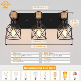 FadimiKoo 3-Light Farmhouse Vanity Light for Bathroom, Wood Bathroom Light Fixtures Over Mirror, Industrial Black Vanity Light with Metal Lampshade for Bedroom Hallway Living Room