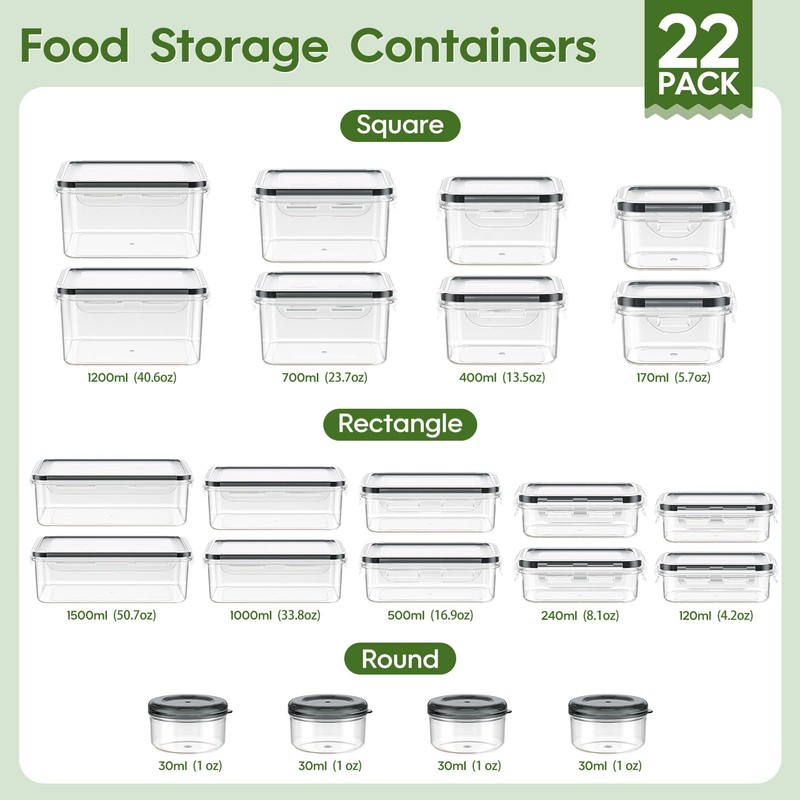 KEMETHY 44-Piece Food Storage Containers with Lids(22 Containers & 22