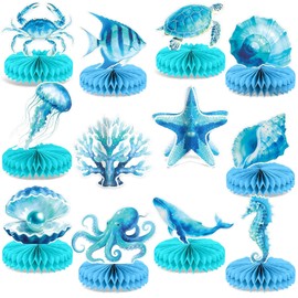 12Pcs Gradient Blue Under The Sea Honeycomb Centerpiece Sea Animal Coastal Beach Table Decor Ocean Marine Creature Table Honeycomb for Coastal Nautical Birthday Party Baby Shower Wedding Favors