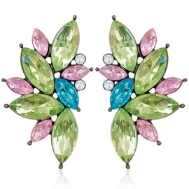 JIMARIN Bohemian Statement Sparkly Colourful Fancy Rhinestone Crystal Flower Dangle Drop Stud Earrings Vintage Wedding Bridal Prom Earrings for Women (Green Pink)