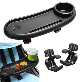 Universal Pram Tray, Pram Dinner Tray, Pram Snack Tray with Drink Holder, 360 Degree Rotating 3-in-1 Removable Drink Holder, for Most Pushchairs Armrests