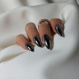 Smoky Grey Chrome Press on Nails Medium Almond, KQueenest Mirror Metal Stiletto Fake Acrylic Nails with Bling Design, Black Glue on Nails for Daily Wear, False Nails Press ons in 24 Pcs