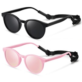 Vcarsian Cute Kids Polarized Sunglasses,Baby Sun Glasses with Strap for Toddler Girls Boys Flexible Round UV400 Protection Glasses Age 0-6
