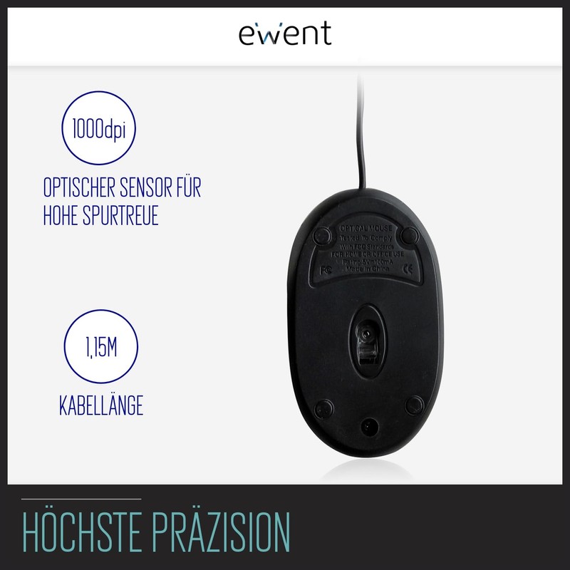Ewent ew3174 Mini Optical Mouse, 1000dpi, 1.15 M Cable