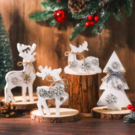 Barydat 4 Pcs Christmas Tabletop Decorations 3 Reindeer Christmas Decor 1 Christmas Tree Wooden Centerpiece Indoor Rustic Reindeer Standing Tabletop Elk Decor for Home Office Xmas Decor (White)