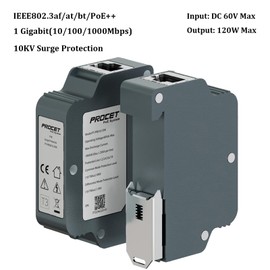 PROCET Industrial DIN Rail PoE Surge Protector IEEE802.3af/at/bt/PoE++ Gigabit PoE 10KV Ethernet Surge Arrester RJ45 Lightning Suppressor, -40℃ to 85℃, Zinc Alloy Housing