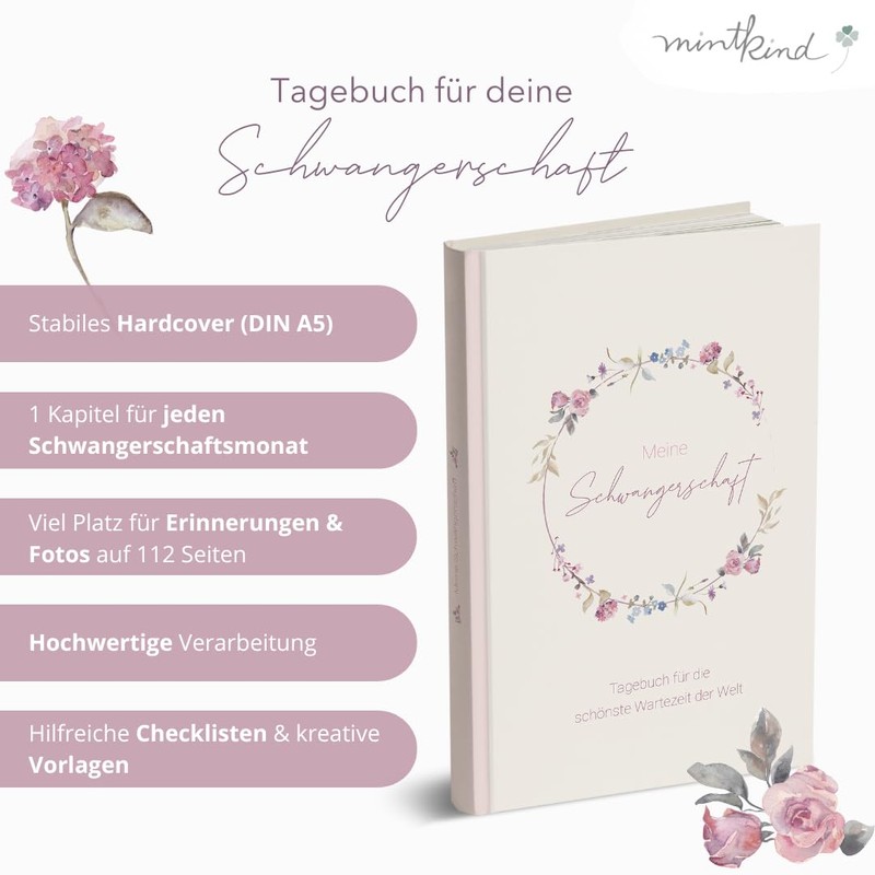 MINTKIND® Pregnancy Diary "My Pregnancy" A5 Flowers Pink I Hardcover