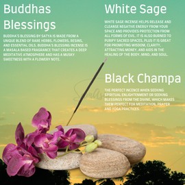 Satya Nag Champa Black Champa, Buddhas Blessings and White Sage Incense Sticks | x3 pack | with SAMASIA incense sticks holder | Burn for Blessings