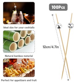 100 Pcs Cocktail Sticks, Bamboo Toothpicks Silver Bead Cocktail Sticks Food Fruits Cocktail Toothpicks for Party Supplies, Drinks, Finger Food, Fruit, Cocktail Garnish, Burgers (12cm/4.7inch)
