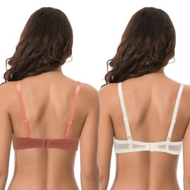 Curve Muse Women Plus Size 1 Cup Push Up Underwire Lace Add Embroidery Bras, Buttermilk, Mecca Orange (Pack of 2)
