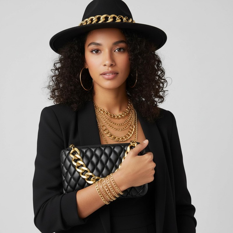 Tisancy Women's Fedora Hat and Metal Chain Crossbody Handbag Set,Black
