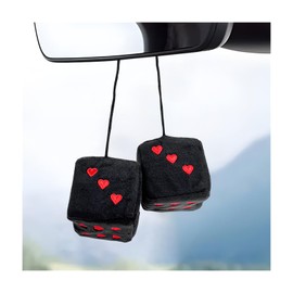 NYTKL Pair Fuzzy Plush Dice for Car Mirror, 3" Retro Square Rearview Mirror Ornament with Heart Shape Pattern, Vintage Hanging Dice Soft Couple Pendant Interior Decor for Women (Black & Red)