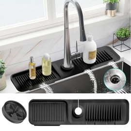 24 Inch Silicon Faucet Mat for Kitchen Sink - Silicon Sink Splash Guard Behind Faucet with FREE Rubber Drain Insert, Faucet Guard Draining Mat & Sink Water Splash Guard (Black)