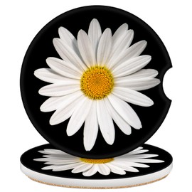 White Daisy Car Cup Holder Coaster,2.56" Universal Absorbent Ceramic Stone Car Coasters for Cup Holders with Finger Notch,Non-Slip Cork Base Car Accessories Drink Coasters for Women Men(2 Pack)