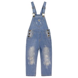 KIDSCOOL SPACE Girls Ripped Denim Overalls,Pearl Decor Distressed Pockets Jean Dungarees,Blue,4-5 Years
