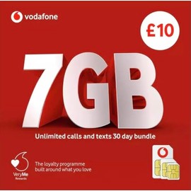 Vodafone 7GB Data Bundle, 30 Day Unlimited Calls and Texts, £10 | Pay As You Go | UK SIM CARD