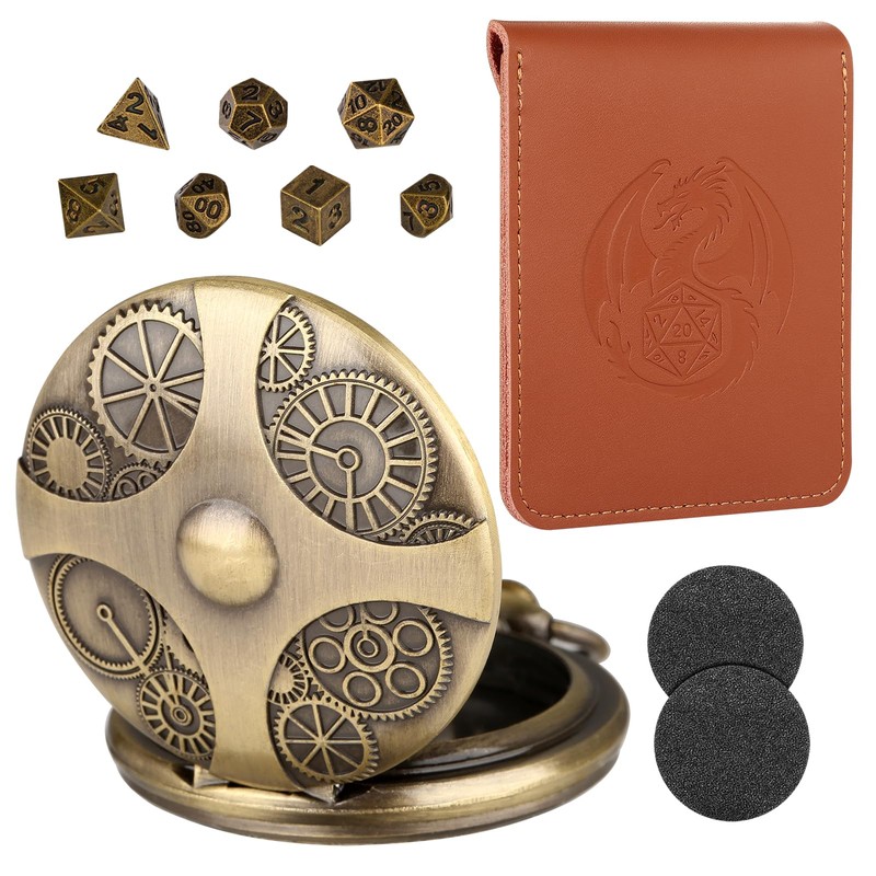 Mini DND Dice Set Bronze Steampunk Gear Pocket Watch Case