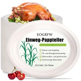 EOGRFW 24 Stück Ovale Pappteller, 31,7 x 25,4 cm Bagasse Einwegteller, Biologisch Abbaubar Geschirr Oval Zuckerrohr Teller für BBQ Restaurant Versammlung Picknick Party