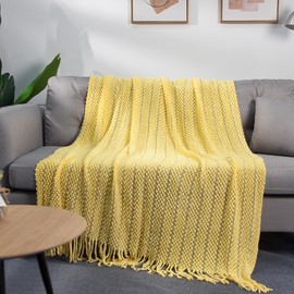 Knit Throw Blanket for Couch Farmhouse Lightweight Soft Cozy Throw Blanket with Fringe Decorative Rustic Small Lap Blanket Throws and Blankets for Bed 50 x 60 Inch, Modern Cable Knit Yellow