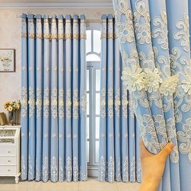 Amidoudou 1 Pair European Double Layer Curtains Luxury Embroidered Curtains for Living Room Bedroom (Blue,52x95 Inch)