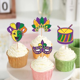 GotGala 24 Pack Mardi Gras Cupcake Toppers Masquerade Masks Multicolor Bachelorette Mask Cupcake Picks for Masquerade Mardi Gras DIY Baking Party Baby Shower Birthday Party Supplies