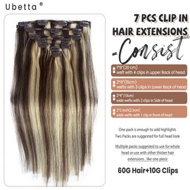 Clip in Hair Extensions Real Human Hair, Chocolate Brown Balayage Blonde Highlights Hair Extensions Real Human Hair Clip ins 7pcs 70G 22 Inch Clip in Hair Extension Human Hair Clip in Extensions
