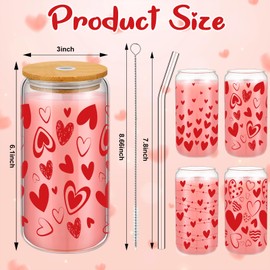 Ziliny 4 Pcs Valentine's Day Can Shaped Glass Cups 16oz Iced Coffee Cups Cute Coffee Glass Can Shaped Drinking Glasses Tumbler with Bamboo Lids and Straws and Cleaning Brushes (Heart Style)