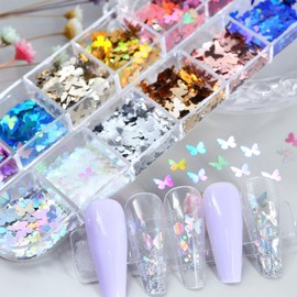 12 Colors Colorful Laser Glitter Butterfly Nail Art Sequins,3D Butterflies Sparkly Nail Glitter Flakes Holographic Butterfly Shiny Nails Design Nail Supplies for Women Nail Art Decoration Accessories