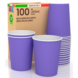 100 Paper Cups 200 ml Eco-Friendly Biodegradable Disposable Made in Italy Take Away Warm Drinks Water Colourful Purple Made and Packed in Italy
