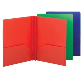 Smead Poly Two-Pocket Folder, Three-Hole Punch Prong Fasteners, Letter Size, Assorted Colors, 3 per Pack (87737)