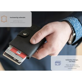 ISENTIALS Slim Wallet with RFID Protection & 8 Card Slots, Coin Compartment, Leather Card Case & AirTag Holder, Mini Wallet for Men & Women, Card Holder, Black/silver, Minimalist