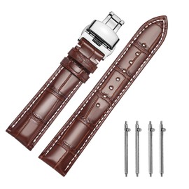 MUENShop Watch Strap with Folding Clasp Leather Quick Release Genuine Leather Strap for 18 mm - 24 mm Black Brown Blue Green Calfskin Replacement for Men / Women, Brown White, Bracelet