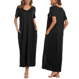 Marvmys Women Cotton Soft Nightgown Floor Length Pajama Dress Short Sleeve Nightshirt with Pocket Black XXL