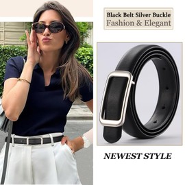 Longwu Women's Reversible Bovine Leather Belt with Gold Buckle Thin Fashion Waist Belts Ladies Belts for Jeans Pants Dresses Black2-105cm