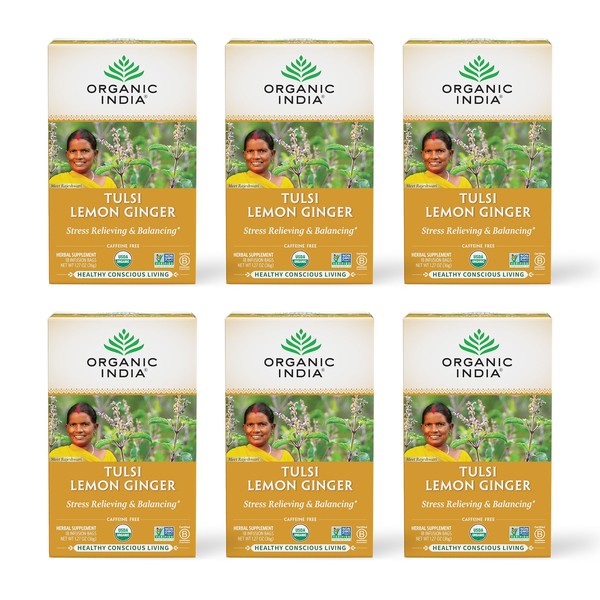 Organic India Tulsi Lemon Ginger Herbal Tea - Stress Relieving & Reviving, Immune Support, Aids Digestion, Vegan, USDA Certified Organic, Non-GMO, Caffeine-Free - 18 Infusion Bags, 6 Pack