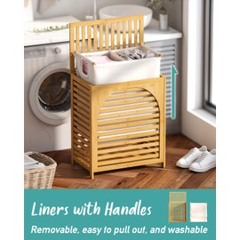 Laundry Hamper with Lid, 27.3 Gallon (103L) Bamboo Wood Clothes Laundry Basket with Lid and Handles, Removable Liner
